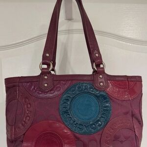 Coach Two-Tone Maroon and Teal Patchwork Shoulder Tote